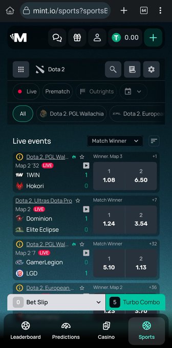 A mobile screenshot of the Mint.io sports betting app displaying live Dota 2 esports events, including matches between 1WIN vs Hookori, Dominion vs Elite Eclipse, and GamerLegion vs LGD.