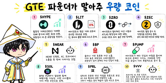 An infographic in Korean titled "GTE 파운데가 말아주 우량 코인" recommending ten cryptocurrencies ($HYPE, $LIT, $ZRO, $ZEC, $NEAR, $BP, $PUMP, $SOL, $PRL, $VVV) with a cartoon wizard character pointing to the list.