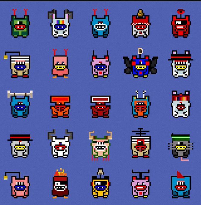 A grid of 24 pixel-art robot characters (Compas avatars) displayed on a blue background, showcasing the variety of character designs available in the Exquisite Agents collection. The image illustrates the diverse Compas portfolio mentioned in the post, highlighting the visual range and rarity tiers of these digital collectibles.
