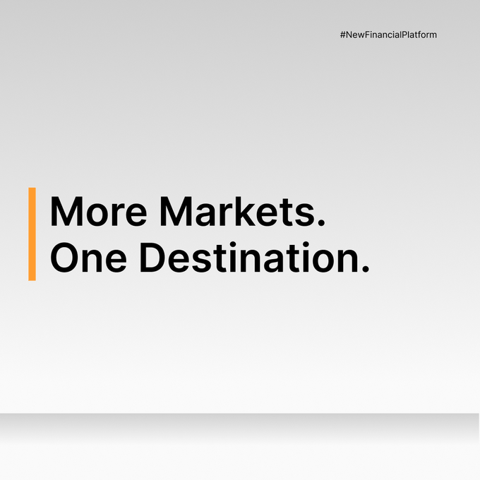 A clean, minimalist graphic with a light gray background features the bold text "More Markets. One Destination." accented by an orange vertical line, alongside the hashtag "#NewFinancialPlatform." The design reinforces the post's message about expanding trading opportunities across multiple markets within a single platform.