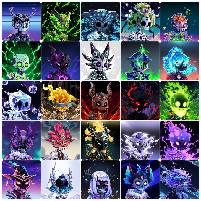 A 5x5 grid displays 25 colorful, stylized skull and character designs in various vibrant themes and colors.