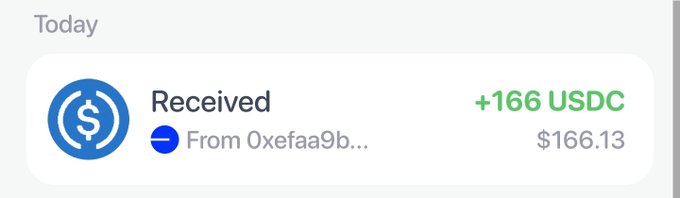 A transaction notification showing '+166 USDC' received from '0xefaa9b...' valued at $166.13.