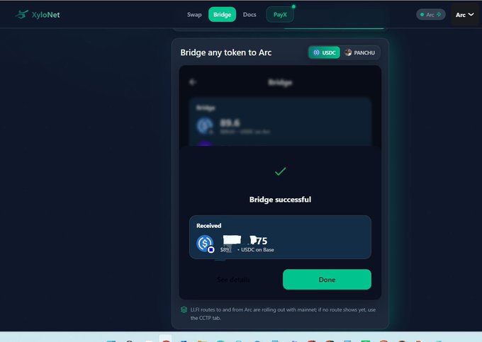 A screenshot of the XyloNet platform showing a successful bridge transaction for 75 USDC to Arc, with a green checkmark and 'Bridge successful' message.