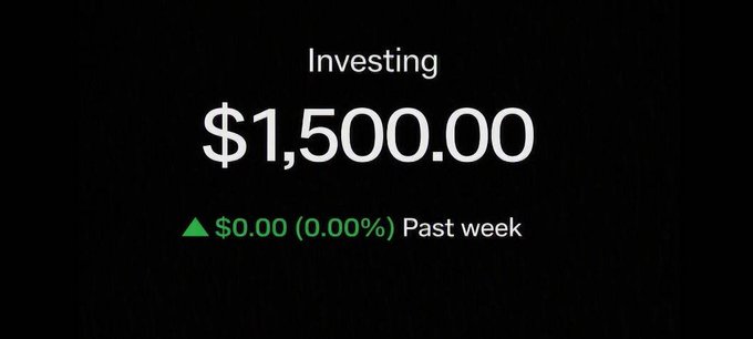 An investing dashboard displays a $1,500.00 balance with no change over the past week. The image appears to support the post's claim of a $1,500 "reserve fund" for a supposed stock pick, though the screenshot shows no actual gains or activity to substantiate the promised 350,000% return.