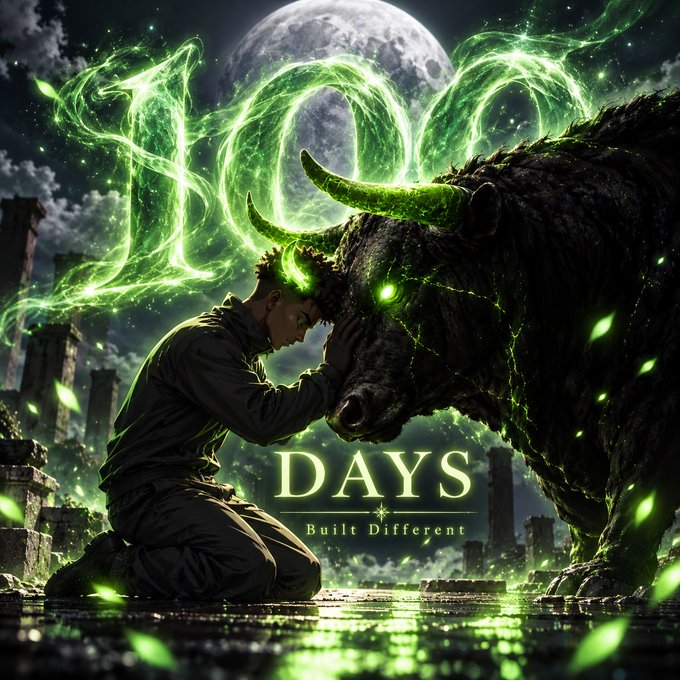 Dramatic fantasy artwork titled '100 DAYS Built Different' showing a boy with glowing green eyes resting his forehead against a massive black bull, with green energy forming the number '100' against a full moon backdrop.