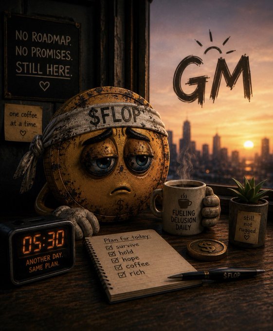 A melancholic, gritty illustration of a worn coin character with a bandana labeled "$FLOP", sitting by a window at sunrise with a "GM" doodle. The scene includes a clock reading "05:30 ANOTHER DAY. SAME PLAN.", a mug saying "FUELING DELUSION DAILY", a notepad with a checked list ("survive, hold, hope, coffee, rich"), and a sign reading "NO ROADMAP. NO PROMISES. STILL HERE. one coffee at a time."