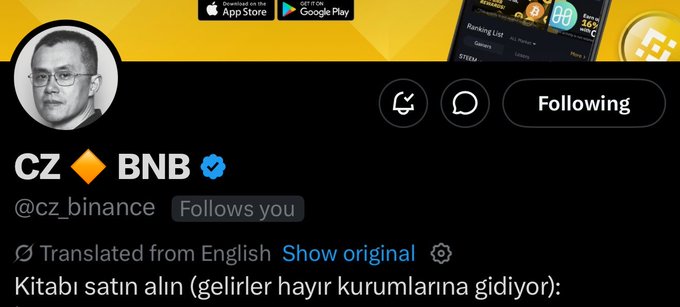 A Twitter/X profile screenshot of CZ (Changpeng Zhao), the Binance founder, with the handle @cz_binance and a verified checkmark, showing a Turkish-translated tweet that begins "Kitabı satın alın (gelirler hayır kurumlarına gidiyor):" referencing a BNB Chain-related charitable initiative tied to the "$KING" token promotion.