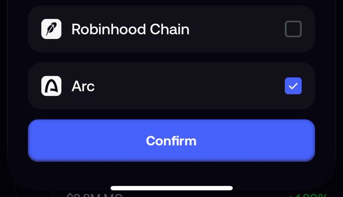 A digital interface shows a selection menu with "Robinhood Chain" (unchecked) and "Arc" (checked with a blue checkmark) options, above a blue "Confirm" button.