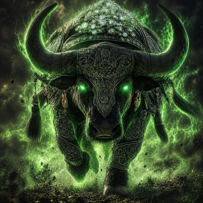 Fantasy digital artwork of a powerful bull with glowing green eyes wearing ornate ceremonial armor and a jeweled headpiece, surrounded by green mystical energy.