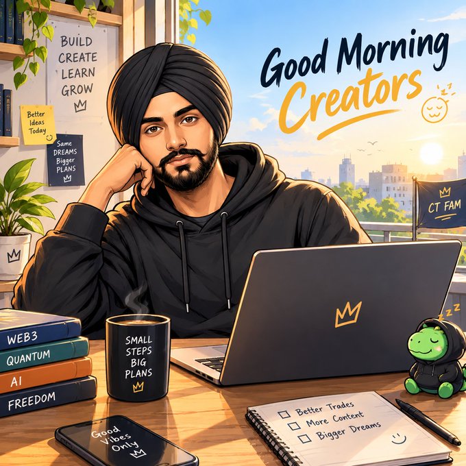 An illustrated 'Good Morning Creators' image shows a man in a turban and black hoodie working on a laptop with a crown logo, surrounded by books labeled 'WEB3', 'QUANTUM', 'AI', and 'FREEDOM', a mug reading 'SMALL STEPS BIG PLANS', and a frog in a hoodie.