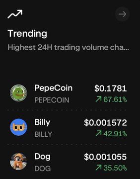 A crypto app's trending list shows top 24H gainers including PepeCoin (PEPECOIN) up 67.61% at $0.1781, Billy (BILLY) up 42.91%, and Dog (DOG) up 35.50%.