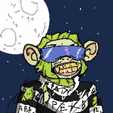A cartoonish green monkey wearing purple sunglasses with a grimacing grin stands against a dark blue starry background with a large moon.