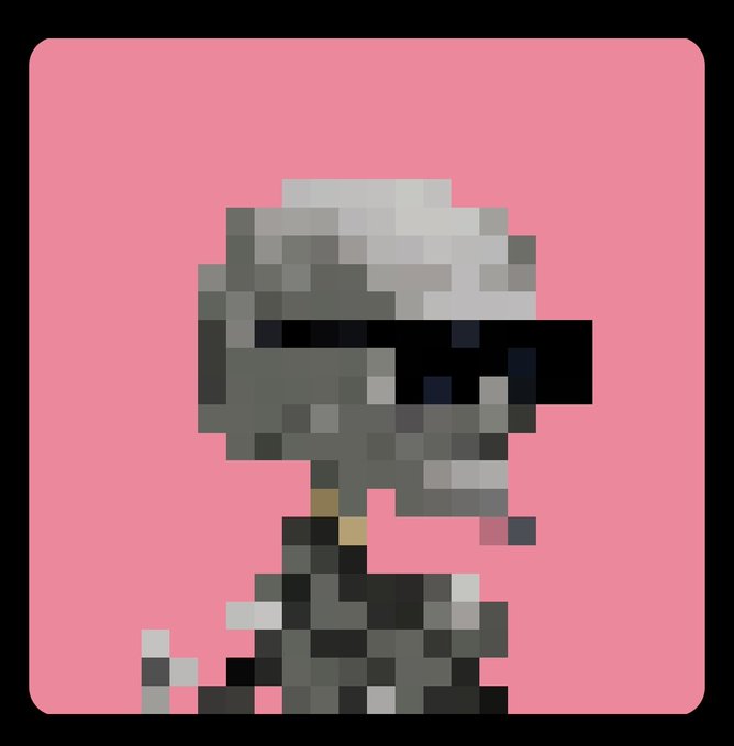 A pixel art character resembling a soldier or knight wearing a helmet and dark sunglasses, displayed against a bright pink background.