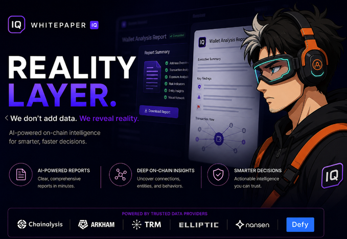 The image is a promotional banner for IQ's "Reality Layer" whitepaper, featuring an illustrated character wearing an orange headset and cyberpunk-style visor alongside a mockup of a "Wallet Analysis Report" that includes sections like Report Summary, Executive Summary, Key Findings, and Transaction Flow. It highlights features such as "AI-Powered Reports," "Deep On-Chain Insights," and "Smarter Decisions," and is backed by data providers including Chainalysis, Arkham, TRM, Elliptic, Nansen, and Defy. The image connects to the post's theme by visually representing the deeper, AI-driven on-chain analysis that exchange listing teams use to evaluate tokens beyond surface-level metrics like price and volume—examining smart contract risks, vesting schedules, and wallet behavior before making listing decisions.