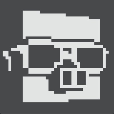 A pixelated grayscale image depicting a stylized character wearing sunglasses and a hat.