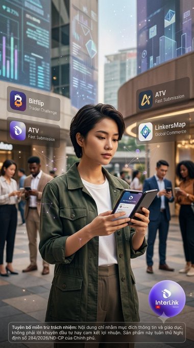 An AI-generated promotional graphic for 'Interlink' cryptocurrency showing a woman using a tablet, with floating feature cards for 'Bitflip Trader Challenge', 'ATV Fast Submision', and 'LinkersMap Global Commerce'.