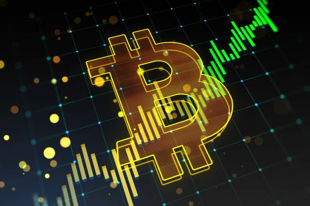 A stylized orange Bitcoin 'B' logo overlaid on a candlestick chart with green price bars rising on a dark grid background.