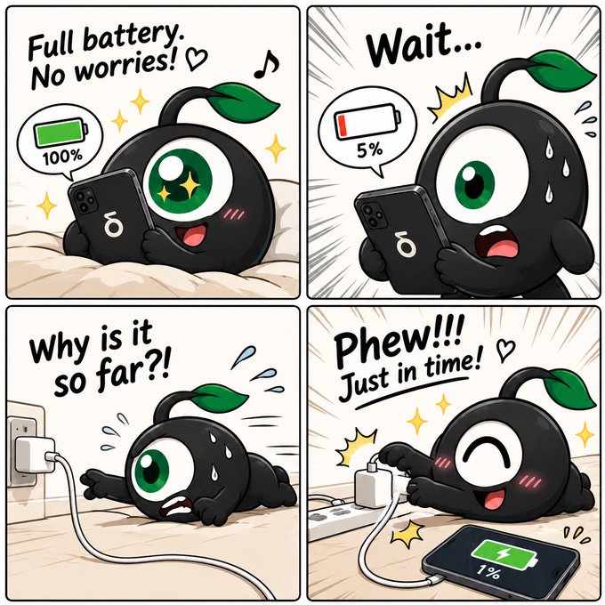 A four-panel cartoon comic features a round black character with a green leaf; the panels show it happy at 100% battery, shocked at 5%, struggling as the outlet is too far, and relieved at 1% with the phone charging.