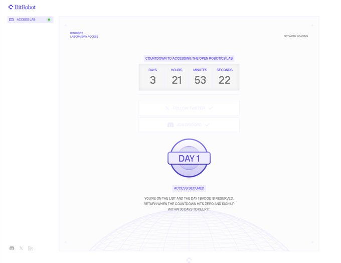 The image shows the BitRobot Laboratory Access page featuring a countdown timer displaying 3 days, 21 hours, 53 minutes, and 22 seconds until the Open Robotics Lab is accessible, along with "DAY 1" access status, Twitter and Discord follow buttons, and a confirmation message that the user is on the waitlist with a reserved 18-badge allocation. This visual corresponds to the BitRobot airdrop announcement, illustrating the active countdown phase for users who secured their spot on the waitlist before access opens.