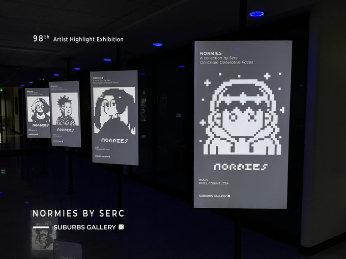 This image shows digital art exhibition displays featuring "NORMIES" by Serc, part of the 98th Artist Highlight Exhibition at Suburbs Gallery.
