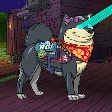 An illustration of a smiling husky dog wearing a pink bow and a heart-patterned bandana, equipped with a futuristic blue sci-fi harness that emits a blue laser beam from its forehead, set in a rundown alleyway.