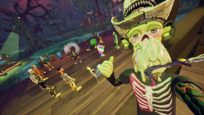 A first-person perspective from a 3D pirate-themed game showing a green-skinned character with a tentacled face and a shark on their hat giving a thumbs-up, with other characters visible on a wooden dock below.