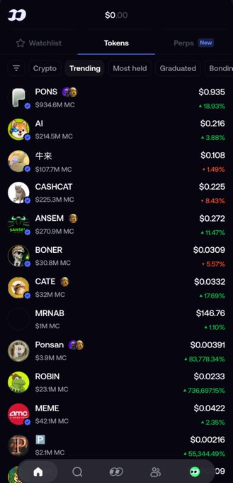 Mobile app screenshot showing trending crypto tokens with prices and percentage changes, including PONS, AI, 牛来, CASHCHAT, ANSEM, BONER, CATE, MRNAB, Ponsan, ROBIN, MEME.