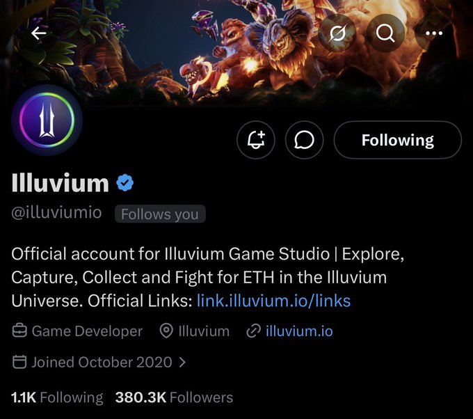A Twitter/X profile page for Illuvium (@illuviumio), the official account of the Illuvium Game Studio, showing 380.3K followers and a verified checkmark.