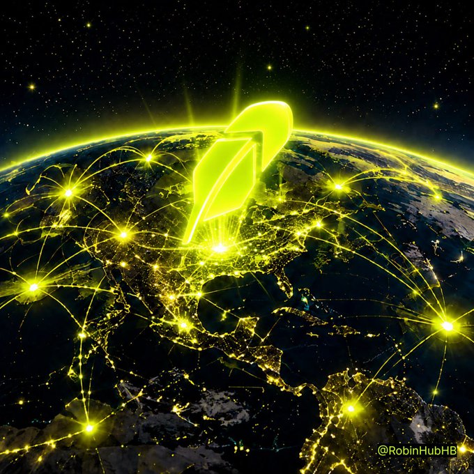 A stylized digital artwork of a glowing green 3D arrow/pin hovering over Earth at night with yellow network connections, watermarked '@RobinHubHB'.