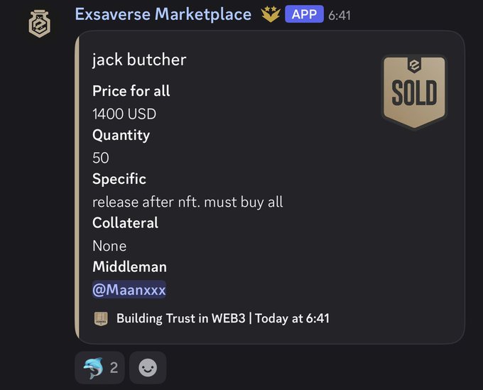 A Discord screenshot from the Exsaverse Marketplace shows a "SOLD" listing for jackbutcher's NFT collection at 1,400 USD for a quantity of 50, with the listing timestamped as "Today at 6:41," visually reinforcing the post's call to "bring more fomo on @jackbutcher" by demonstrating that his drops are selling out.