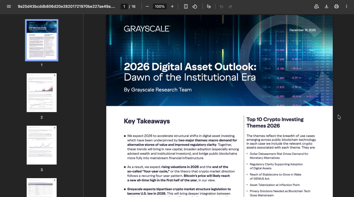 The image shows a screenshot of a webpage from GrayScale, which appears to be an article or report about the digital asset market. The title of the article reads "2026 Digital Asset Outlook: Dawn of the Institutional Era". There are several images on the page that provide information and context related to the topic. One image is a graph showing the growth in tokens over time, while another image displays a list of assets covered by the report. A key takeaway from the article is that nobody is talking about the most important sentence in GrayScale's 2026 report. The post covers ten themes, hundreds of tokens, and the entire crypto landscape. It also mentions AI as one of the themes, which could be related to token trading or other aspects of the digital asset market.