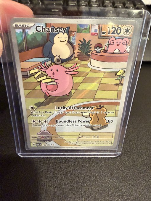 A hand holds a sealed Pokémon trading card featuring Chansey (HP 120) with attacks "Lucky Attachment" and "Boundless Power" (80 damage), freshly arrived as part of a quick mail delivery from a trusted TCG source.