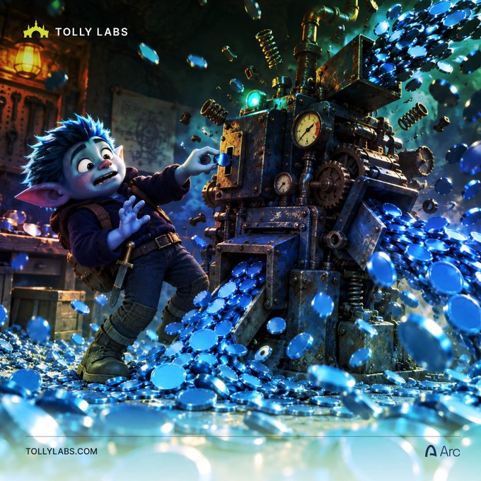 A cinematic illustration by Tolly Labs depicting a blue-haired goblin-like character being overwhelmed by a torrent of blue coins erupting from a steampunk machine, branded with the Arc logo.