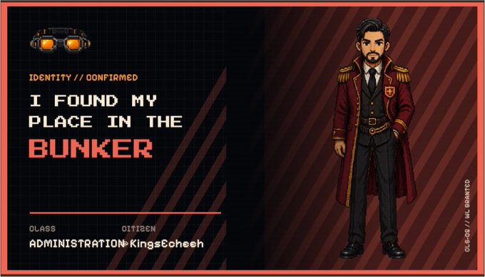 A pixel-art character ID card with the label "IDENTITY // CONFIRMED" displays the text "I FOUND MY PLACE IN THE BUNKER" alongside a name tag reading "KingsEchoah" under "ADMINISTRATION," visually framing the holder as an official member of the Bunker project's free mint.