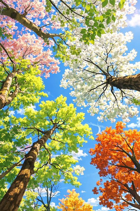 The image features a beautiful view of trees against a blue sky. There are four different types of trees visible - one with pink leaves, another with white leaves, and three more with orange leaves. These trees create an interesting contrast against the clear blue sky, making for a visually appealing scene.