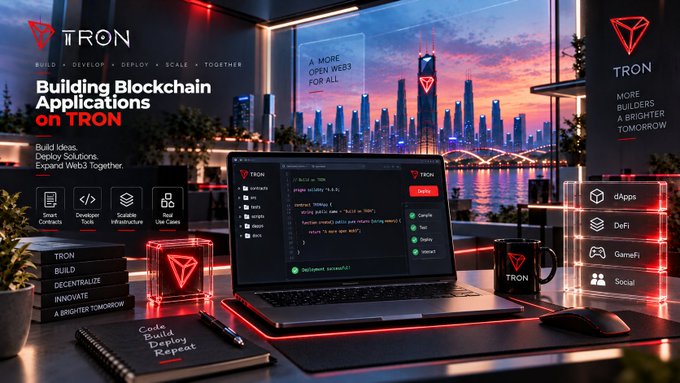 A futuristic promotional image for TRON blockchain, showing a laptop on a desk with 'Building Blockchain Applications on TRON' text, a glowing TRON logo, and a cityscape visible through the window.