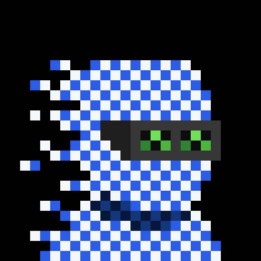 A pixel art design featuring a figure made of blue and white checkered squares wearing dark sunglasses with green reflective lenses, with a glitch/dispersed effect on one side.