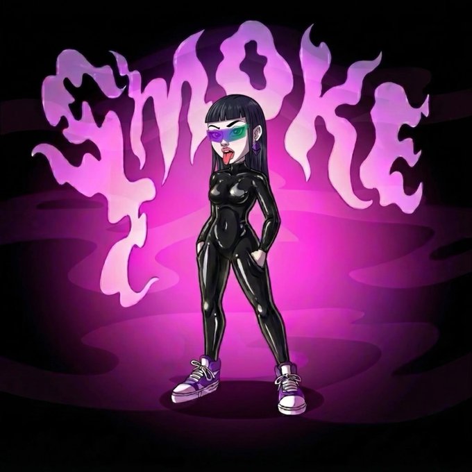 Stylized cartoon artwork of a woman in a black bodysuit and purple sunglasses with her tongue out, standing in front of purple flame-like text on a dark background.