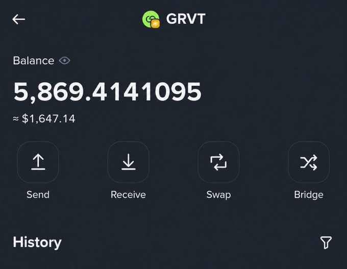 GRVT cryptocurrency wallet app screenshot showing a balance of 5,869.4141095 (~$1,647.14) with Send, Receive, Swap, and Bridge action buttons.