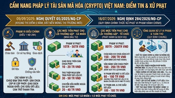 Vietnamese informational graphic titled 'CẨM NANG PHÁP LÝ TÀI SẢN MÃ HÓA (CRYPTO) VIỆT NAM: ĐIỂM TIN & XỬ PHẠT' (Vietnam Crypto Legal Handbook: News & Penalties), detailing legal frameworks under Decree 05/2025 and 284/2026 with various fine amounts in VND.