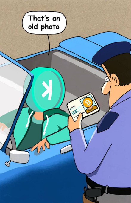 A cartoon illustration showing a police officer checking a phone displaying a Bitcoin logo, while a person in a hoodie inside a car says 'That's an old photo'.
