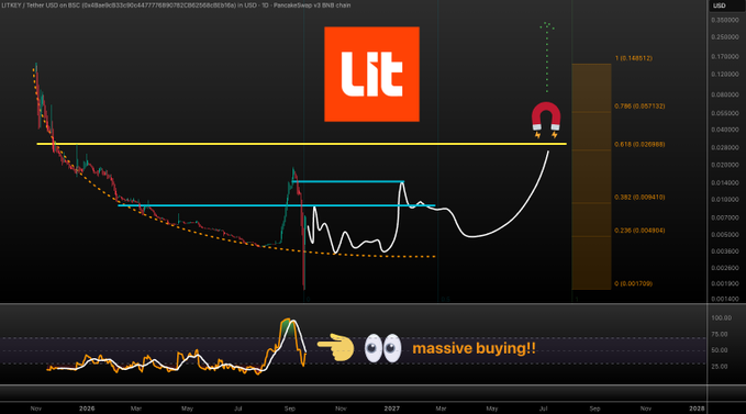 A cryptocurrency chart for LITFETCH/USDT displays price trends on PancakeSwap v3, with annotations including the Lit logo, a magnet, and text reading 'massive buying!!' pointing to a sharp price spike.