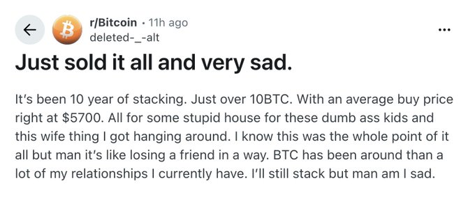 A screenshot of a Reddit post on r/Bitcoin from user "deleted--_-alt" titled "Just sold it all and very sad." The user describes selling 10+ years of accumulated BTC (just over 10BTC at an average $5,700 buy price) to purchase a house for their kids and wife, expressing regret and comparing the loss to "losing a friend," which the caption relates to why Bitcoin-backed loans exist as an alternative to liquidating holdings.