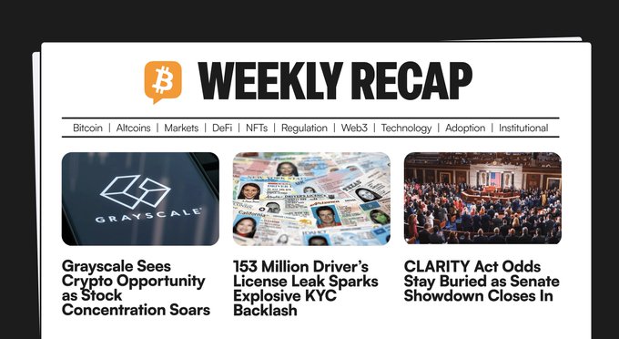 A "Weekly Recap" newsletter header featuring a Bitcoin logo and navigation categories (Bitcoin, Altcoins, Markets, DeFi, NFTs, Regulation, Web3, Technology, Adoption, Institutional), with three featured articles: "Grayscale Sees Crypto Opportunity as Stock Concentration Soars," "153 Million Driver's License Leak Sparks Explosive KYC Backlash," and "CLARITY Act Odds Stay Buried as Senate Showdown Closes In."