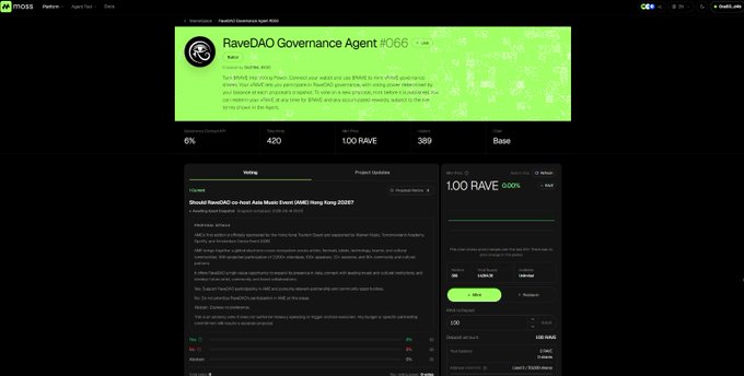 RaveDAO Governance Agent #066 page on RWA.moss showing a 100 RAVE ($100) tokenized governance agent with voting and project updates sections.