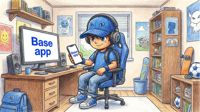 A colored illustration of a young boy wearing a blue cap and headphones, sitting in a gaming chair and holding a phone labeled 'Base app', with a monitor also displaying 'Base app' in a colorful bedroom.