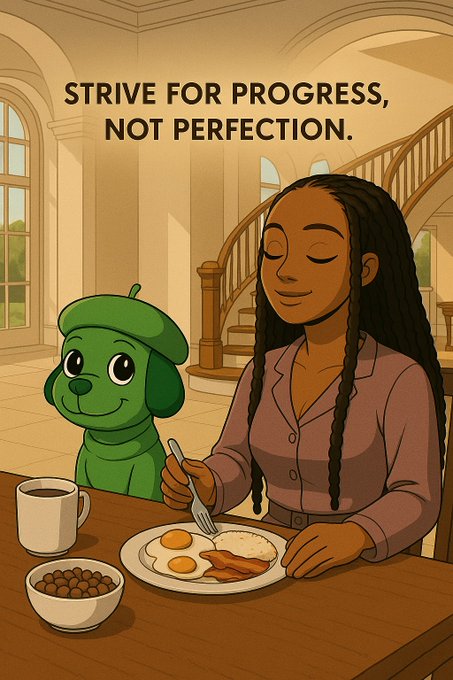 An illustrated scene with the text "STRIVE FOR PROGRESS, NOT PERFECTION" showing a woman with long braids eating breakfast with a cartoon green dog companion in a bright home interior.