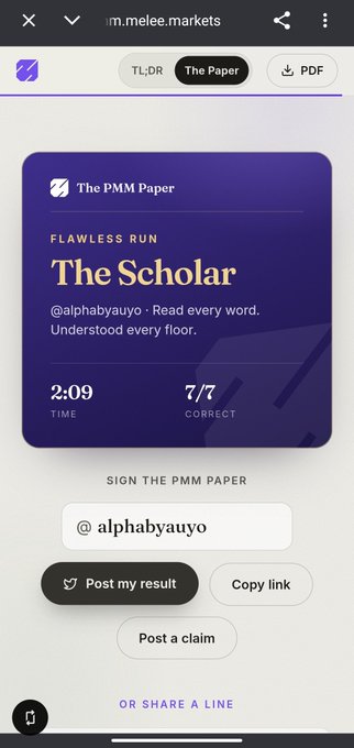 A mobile screenshot from m.melee.markets showing "The PMM Paper" Flawless Run achievement called "The Scholar" by @alphabayauyo with a time of 2:09 and 7/7 correct.