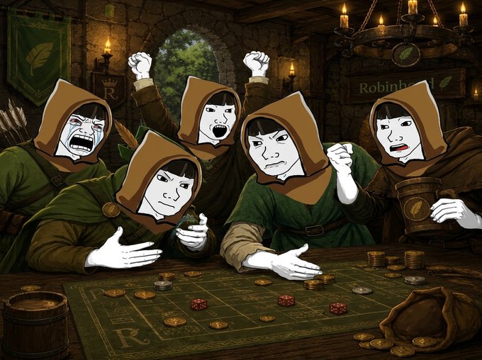 A digital illustration of five hooded characters in a medieval tavern gathered around a gaming table with dice and coins; a sign reading 'Robinhood' is visible in the background, suggesting a meme-style parody of the Robinhood platform's gambling controversy.