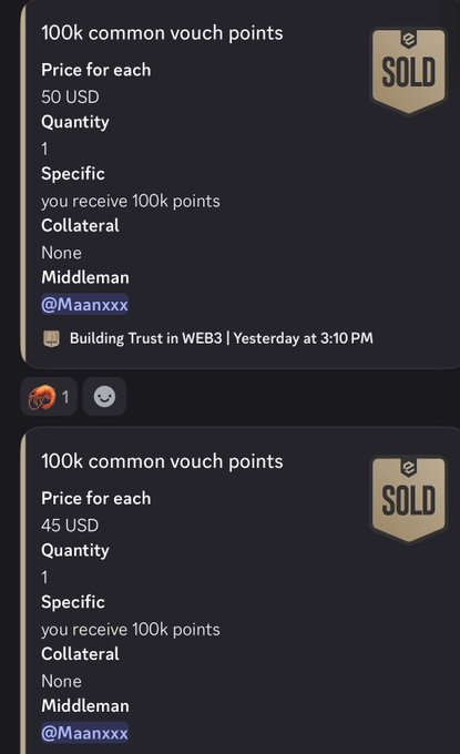 The image shows two "SOLD" listings for 100k common vouch points priced at $50 USD and $45 USD, both using @Maanxxx as a middleman. This relates to the post mocking the high prices being paid for points when the actual airdrop is only worth $20, requiring ~750k points to make the top 1k.